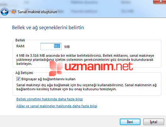 Bellek ve ağ seçeneklerini belirtin