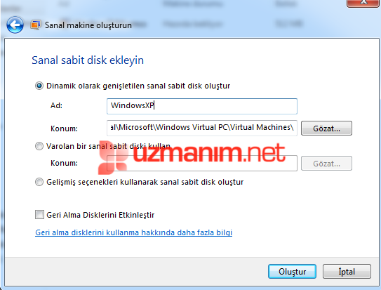 Sanal sabitdisk ekleyin