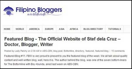 Stef dela Cruz featured on Filipino Bloggers Worldwide